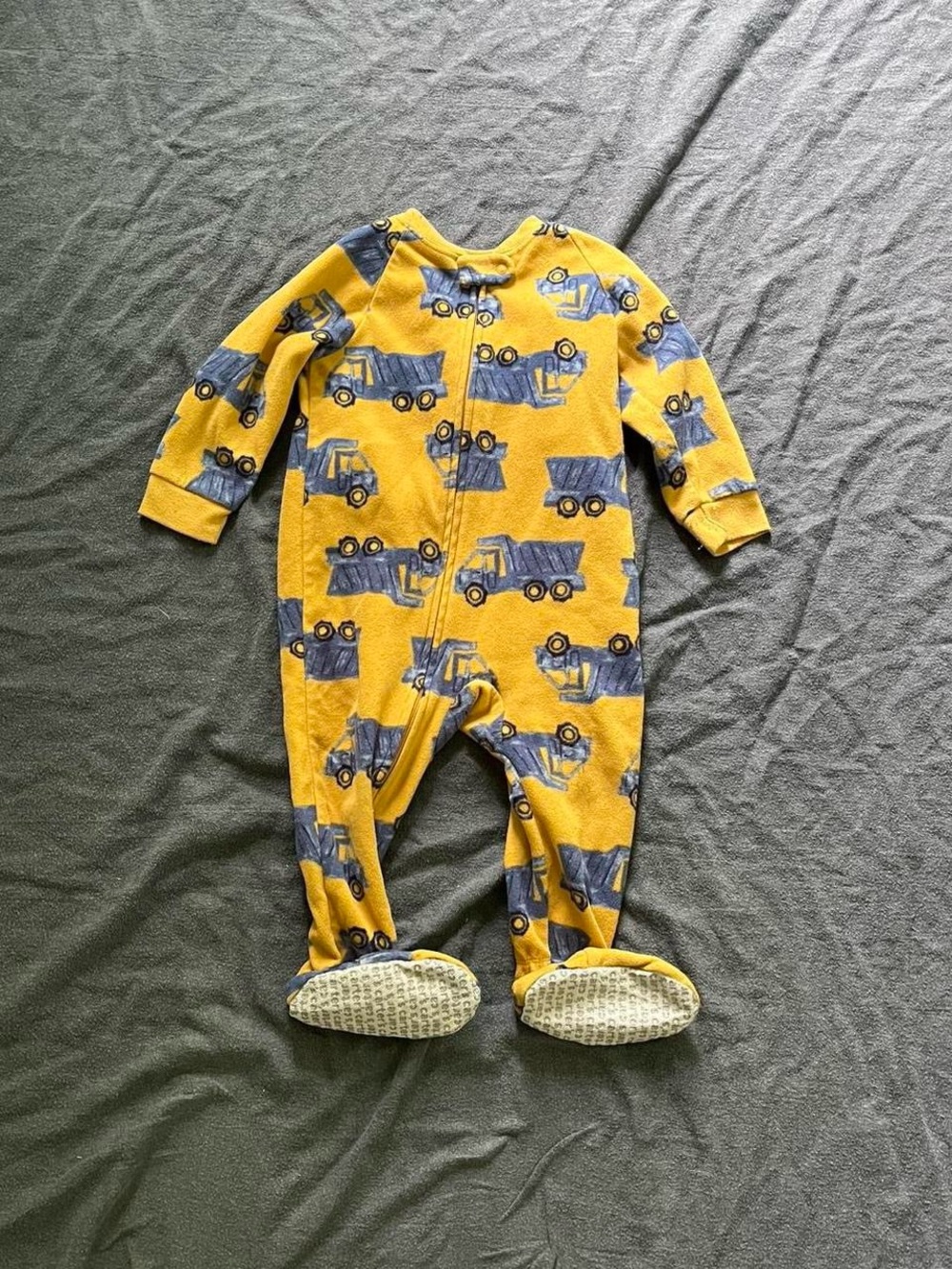 Carter's yellow & blue truck fleece footed long sleeve onesie